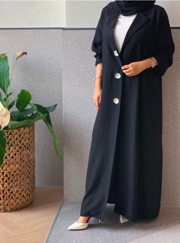 Botton abaya Black chic abaya with lapel collar and big button details ...