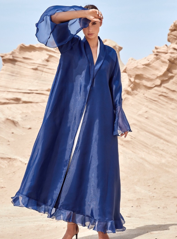 Q0015 Abaya Cobalt blue organza abaya featuring a shawl collar with ...