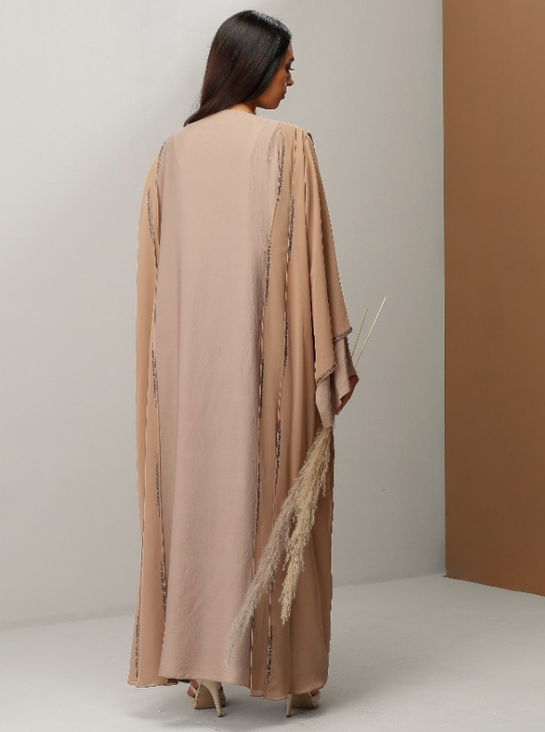 Mka F20c07 Nude Beige Abaya With Two Layers Of Washed Silk And