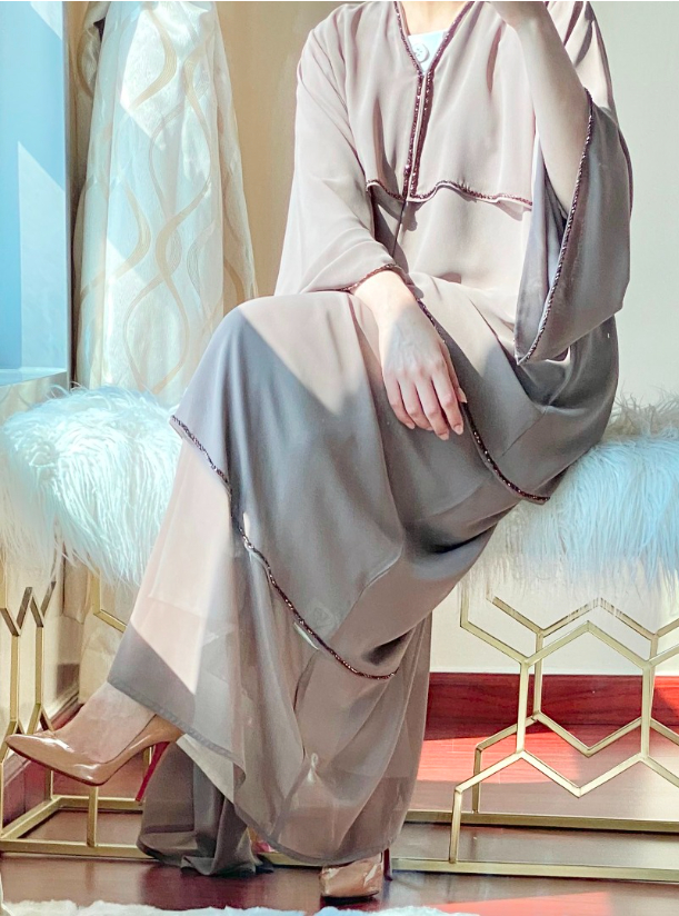 C-209 Abaya Light brown double-layered chiffon abaya with tiered design ...