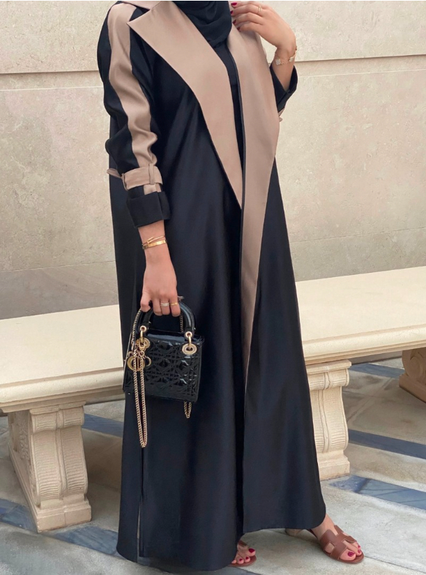 Abaya Code S06 Black/Beige coat abaya featuring a wide lapel collar ...