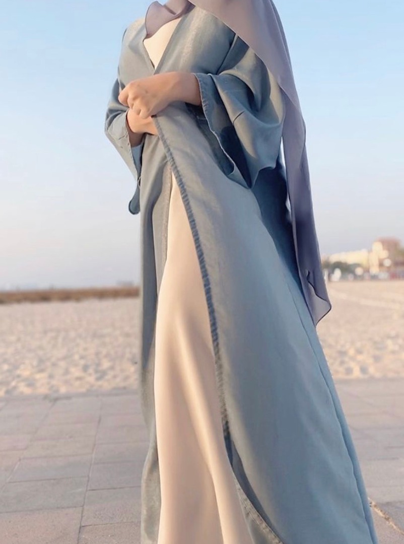 Lightblue Abaya 2 Piece Set Featuring A Light Blue Open Abaya With Inner Dress Comes With A