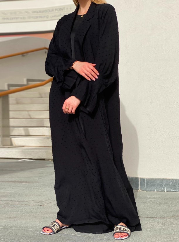 Abaya Set 3-piece set includes a black textured Abaya with pleated ...