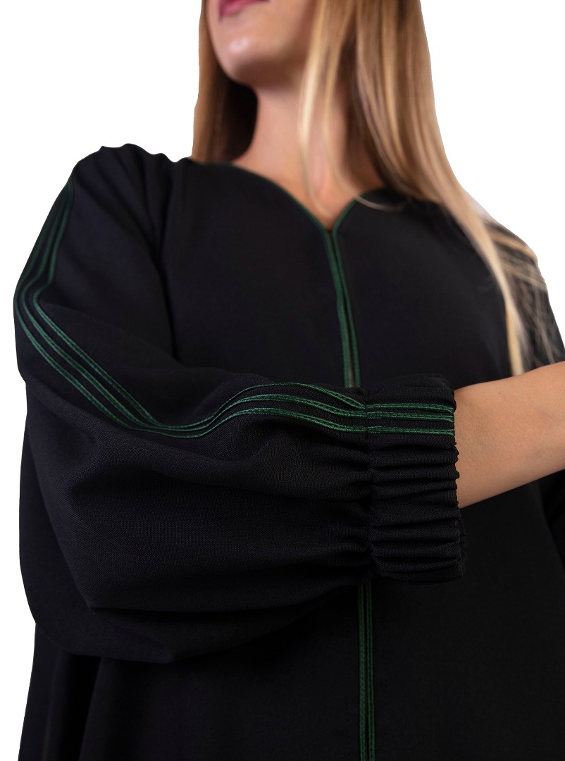 D102 Abaya Black abaya featuring an elastic cuffed sleeves with green stripe trimmings. Abayas 