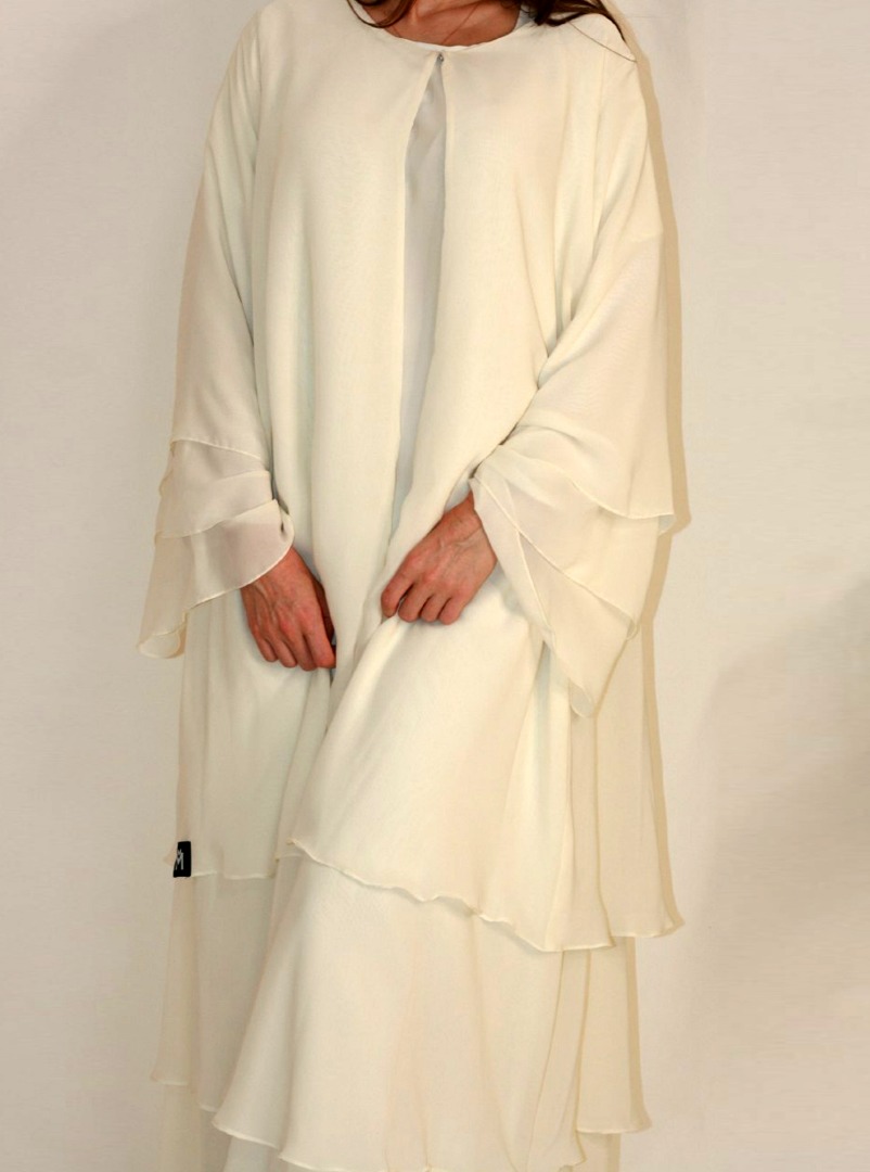 OffWhte Chiffon Off-white open-front Abaya with tiered design. code #B0014 Abayas from MM LINE 