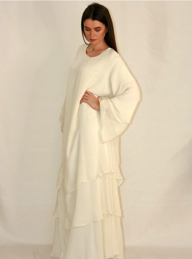 OffWhte Chiffon Off-white open-front Abaya with tiered design. code #B0014 Abayas from MM LINE 