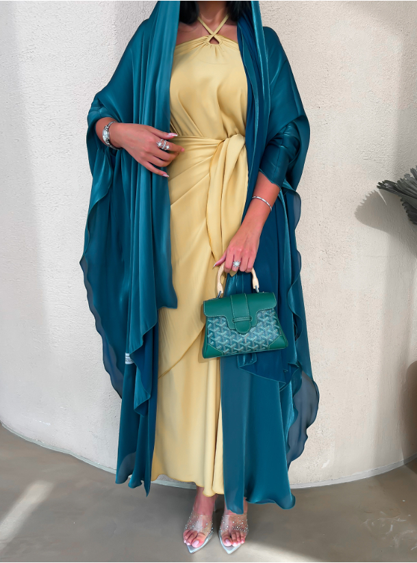 Bisht butterfly 3-piece set featuring a flowy turquoise abaya with ...