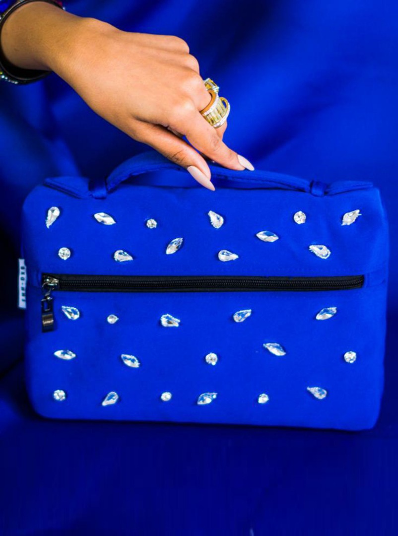 Blue Queen Bag Handmade embroidered blue bag with crystal detailing to